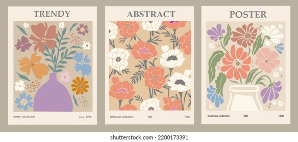 Set of abstract flower posters. Trendy botanical wall arts with floral design in danish pastel colors. Modern naive groovy funky interior decorations, paintings. Vector art illustration.