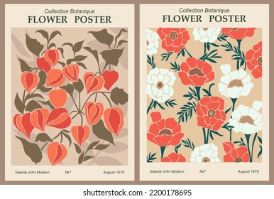 Juego de afiches de flores abstractas. Muros botánicos de moda con diseño floral en tonos pastel. Decoración moderna e ingenua y divertida, cuadros. Ilustración de arte vectorial.