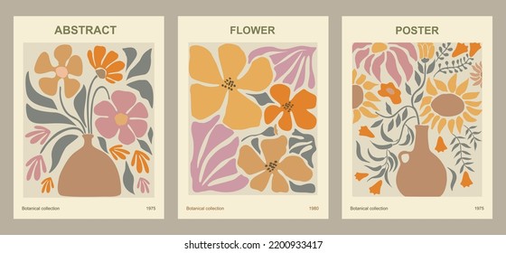 Set of abstract flower posters. Trendy botanical wall arts with floral design in earth tone colors. Modern naive groovy funky interior decorations, paintings. Vector art illustration.