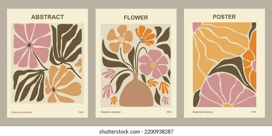 Set of abstract flower posters. Trendy botanical wall arts with floral design in danish pastel colors. Modern naive groovy funky interior decorations, paintings. Vector art illustration.