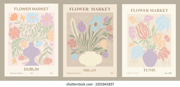 Set of abstract flower posters. Trendy botanical wall arts with floral design in danish pastel colors. Modern naive groovy funky interior decorations, paintings. Vector art illustration.