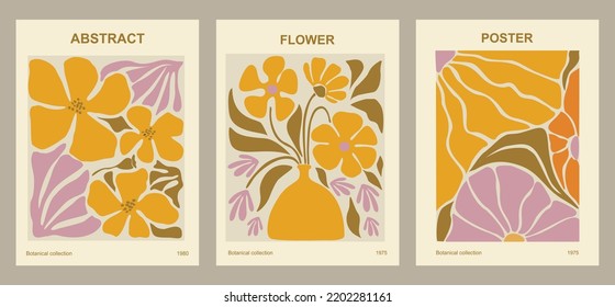 	
Set of abstract flower posters. Trendy botanical wall arts with floral design in danish pastel colors. Modern naive groovy funky interior decorations, paintings. Vector art illustration.