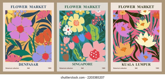 Set of abstract flower posters. Trendy botanical wall arts with floral design in bright colors. Modern naive groovy funky interior decorations, paintings. Vector art illustration.