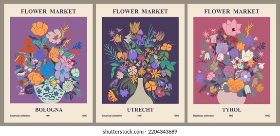 Set of abstract flower posters. Trendy botanical wall arts with floral design in bright colors. Modern naive groovy funky interior decorations, paintings. Vector art illustration.