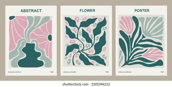 Set of abstract flower posters. Trendy botanical wall arts with floral design in danish pastel colors. Modern naive groovy funky interior decorations, paintings. Vector art illustration.