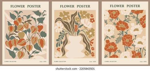 Set of abstract flower posters. Trendy botanical wall arts with floral design in earth tone colors. Modern hippie naive groovy funky interior decorations, paintings. Vector art illustration.