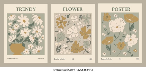 Juego de afiches de flores abstractas. Muros botánicos de moda con diseño floral en tonos verde sabio. Decoración moderna e ingenua de estilo hippie, decoraciones de decoración divertida, cuadros. Ilustración de arte vectorial.