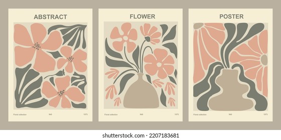 Set of abstract flower posters. Trendy botanical wall arts with floral design in danish pastel colors. Modern naive groovy funky interior decorations, paintings. Vector art illustration.