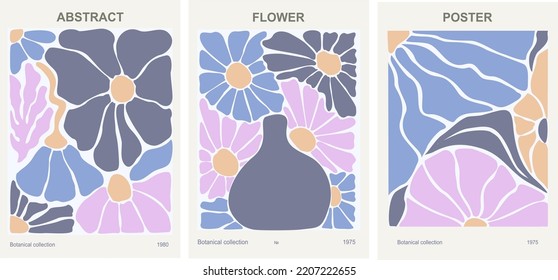 Set of abstract flower posters. Trendy botanical wall arts with floral design in danish pastel colors. Modern hippie naive groovy funky interior decorations, paintings. Vector art illustration.