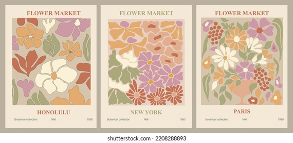 Set of abstract flower posters. Trendy botanical wall arts with floral design in danish pastel colors. Modern naive groovy funky interior decorations, paintings. Vector art illustration.