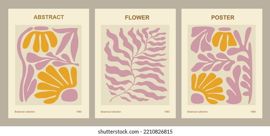 Set of abstract flower posters. Trendy botanical wall arts with floral design in danish pastel colors. Modern naive hippie groovy funky interior decorations, paintings. Vector art illustration.