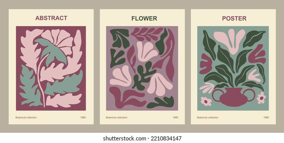 Set of abstract flower posters. Trendy botanical wall arts with floral design in danish pastel colors. Modern naive hippie groovy funky interior decorations, paintings. Vector art illustration.