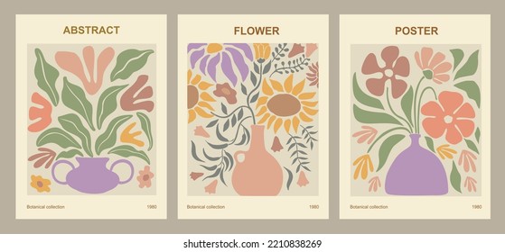 Set of abstract flower posters. Trendy botanical wall arts with floral design in danish pastel colors. Modern naive hippie groovy funky interior decorations, paintings. Vector art illustration.