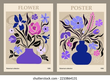 Set of abstract flower posters. Trendy botanical wall arts with floral design in blue and purple colors. Modern naive hippie groovy funky interior decorations, paintings. Vector art illustration.