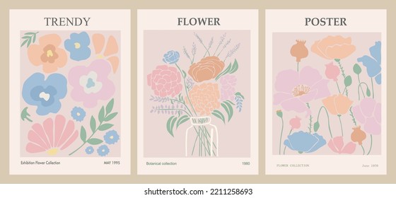 Set of abstract flower posters. Trendy botanical wall arts with floral design in danish pastel colors. Modern naive groovy funky interior decorations, paintings. Vector art illustration.