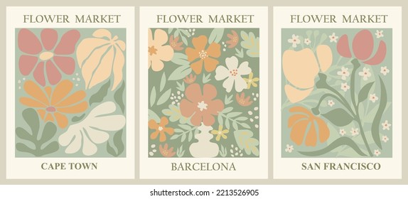 Set of abstract flower posters. Trendy botanical wall arts with floral design in sage green pastel colors. Modern hippie naive groovy funky interior decorations, paintings. Vector art illustration.