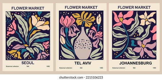 Set of abstract flower posters. Trendy botanical wall arts with floral design in bright colors on dark background. Modern naive groovy funky interior decorations, paintings. Vector art illustration.