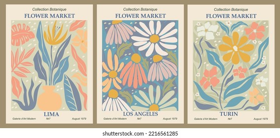 Set of abstract flower posters. Trendy botanical wall arts with floral design in danish pastel colors. Modern naive groovy funky interior decorations, paintings. Vector art illustration.