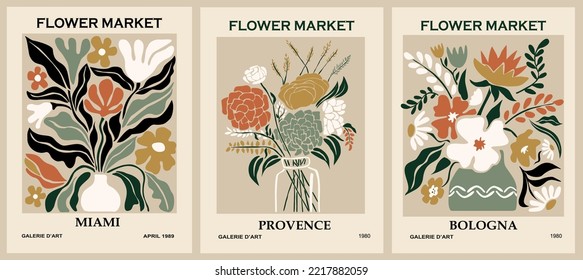 Set of abstract flower posters. Trendy botanical wall arts with floral design in earth tone colors. Modern naive groovy funky interior decorations, paintings. Vector art illustration.