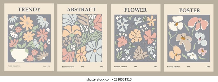 Set of abstract flower posters. Trendy botanical wall arts with floral design in danish pastel colors. Modern naive groovy funky interior decorations, paintings. Vector art illustration.