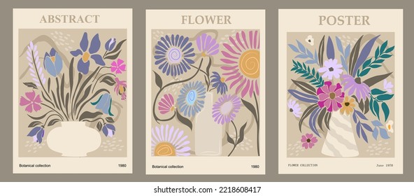 Set of abstract flower posters. Trendy botanical wall arts with floral design in blue and teal danish pastel colors. Modern naive groovy funky interior decorations, paintings. Vector art illustration.