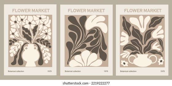 Set of abstract flower posters. Trendy botanical wall arts with floral design in beige and black colors. Modern hippie naive groovy funky interior decorations, paintings. Vector art illustration.