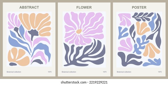 Set of abstract flower posters. Trendy botanical wall arts with floral design in danish pastel colors. Modern naive groovy funky interior decorations, paintings. Vector art illustration.