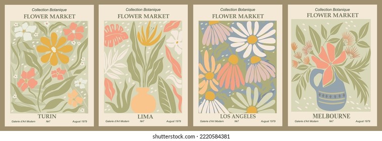 Set of abstract flower posters. Trendy botanical wall arts with floral design in danish pastel colors. Modern naive groovy funky interior decorations, paintings. Vector art illustration.