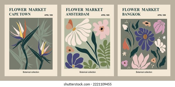 Set of abstract flower posters. Trendy botanical wall arts with floral design in sage green colors. Modern naive groovy funky interior decorations, paintings. Vector art illustration minimalist style.