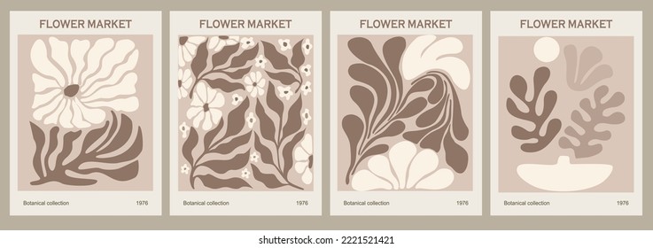 Set of abstract flower posters. Trendy botanical wall arts with floral design in pastel beige colors. Modern naive groovy funky interior decorations, paintings. Vector art illustration.