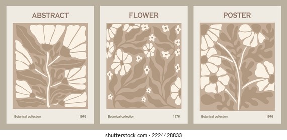 Set of abstract flower posters. Trendy botanical wall arts with floral design in danish pastel colors. Modern naive groovy funky interior decorations, paintings. Vector art illustration.