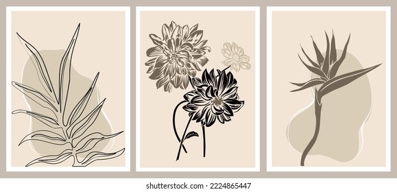 Set of Abstract flower posters. Trendy botanical wall arts with floral design in beige and black colors. Modern scandinavian or japandi style interior decorations, paintings. Vector art illustration.