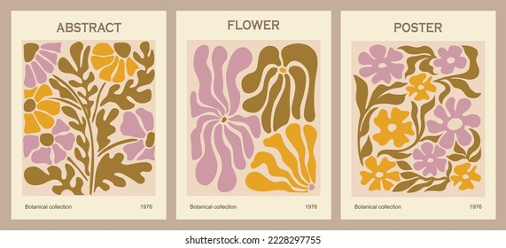 Set of abstract flower posters. Trendy botanical wall arts with floral design in danish pastel colors. Modern naive groovy funky interior decorations, paintings. Vector art illustration.