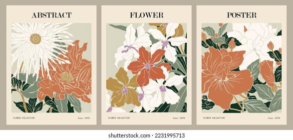 Juego de afiches de flores abstractas. Muros botánicos de moda con diseño floral en tonos tierra pastel. Decoración moderna e ingenua y divertida, cuadros. Ilustración de arte vectorial.