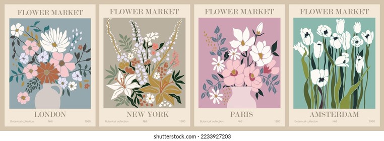 Set of abstract flower posters. Trendy botanical wall arts with floral design in danish pastel colors. Modern naive groovy funky interior decorations, paintings. Vector art illustration.