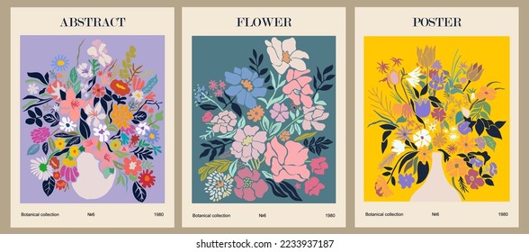 Set of abstract flower posters. Trendy botanical wall arts with floral design in danish pastel colors. Modern naive groovy funky interior decorations, paintings. Vector art illustration. - Shutterstock ID 2233937187