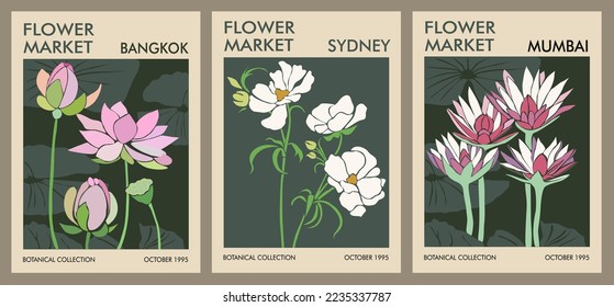 Set of abstract flower posters. Trendy botanical wall arts with floral design in black and green colors. Modern naive groovy funky interior decorations, paintings. Vector art illustration.