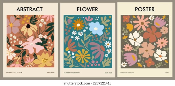 Set of abstract flower posters. Trendy botanical contemporary wall arts with floral design in earth tone pastel colors. Modern naive groovy funky interior decoration, painting. Vector art illustration