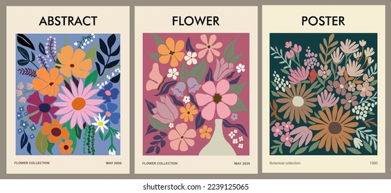 Set of abstract flower posters. Trendy botanical contemporary wall arts with floral design in earth tone colors. Modern naive groovy funky interior decoration, painting. Vector art illustration