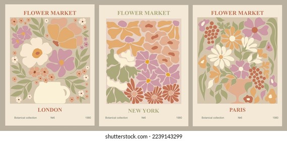 Set of abstract flower posters. Trendy botanical contemporary wall arts with floral design in danish pastel colors. Modern naive groovy funky interior decoration, painting. Vector art illustration