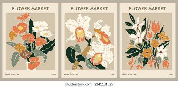 Set of abstract flower posters. Trendy botanical wall arts with floral design in danish pastel colors. Modern naive groovy funky interior decorations, paintings. Vector art illustration, template