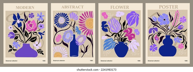 Set of abstract flower posters. Trendy botanical wall arts with floral design in danish pastel colors. Modern naive groovy funky interior decorations, paintings. Vector art illustration.