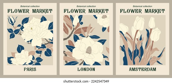 Set of abstract flower posters. Trendy botanical wall arts with floral design in danish pastel colors. Modern naive groovy funky interior decorations, paintings. Vector art illustration.