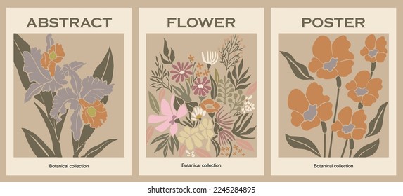 Set of abstract flower posters. Trendy botanical wall arts with floral design in danish pastel colors. Modern naive groovy funky interior decorations, paintings. Vector art illustration