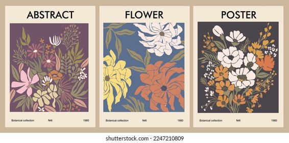 Set of abstract flower posters. Trendy botanical wall arts with floral design in danish pastel colors. Modern naive groovy funky interior decorations, paintings. Vector art illustration.