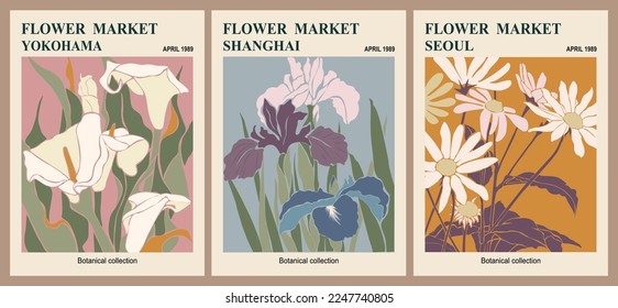 Set of abstract flower posters. Trendy botanical wall arts with floral design in earth tone colors. Modern naive groovy funky interior decorations, paintings. Vector art illustration.