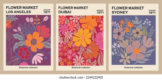 Juego de afiches de flores abstractas. Muros botánicos de moda con diseño floral en colores violeta, azul y magenta. Decoración moderna e ingenua y divertida, cuadros. Ilustración vectorial.