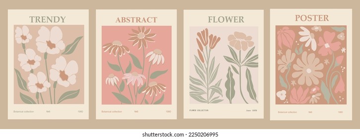 Set of abstract flower posters. Trendy botanical wall arts with floral design in danish pastel colors. Modern naive groovy funky painting for scandinavian, japandi style interior. Vector illustration.