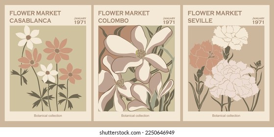 Set of abstract flower posters. Trendy botanical wall arts with floral design in danish pastel colors. Modern naive groovy funky interior decorations, paintings. Vector art illustration.