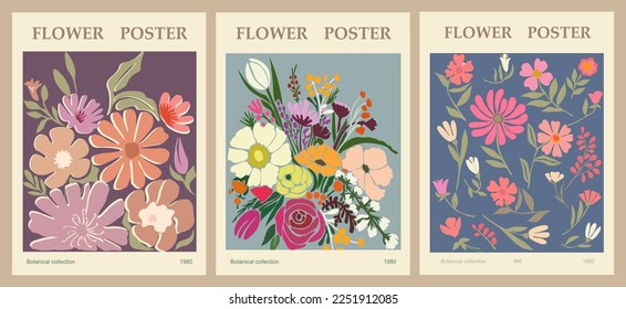 Set of abstract flower posters. Trendy botanical wall arts with floral design in danish pastel colors. Modern naive groovy funky interior decorations, paintings. Vector art illustration.